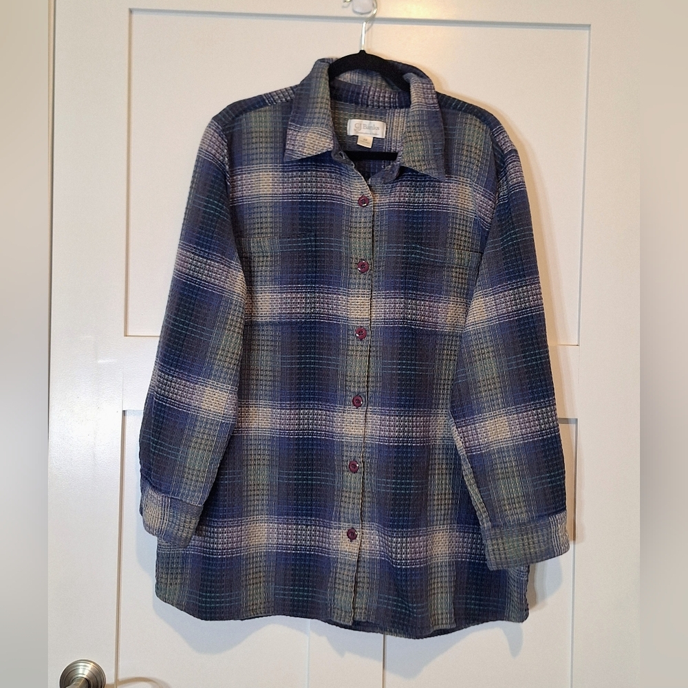 C.J. Banks Plaid Waffle Knit Textured Button Up Shacket Cotton Sz 2X Purple Blue